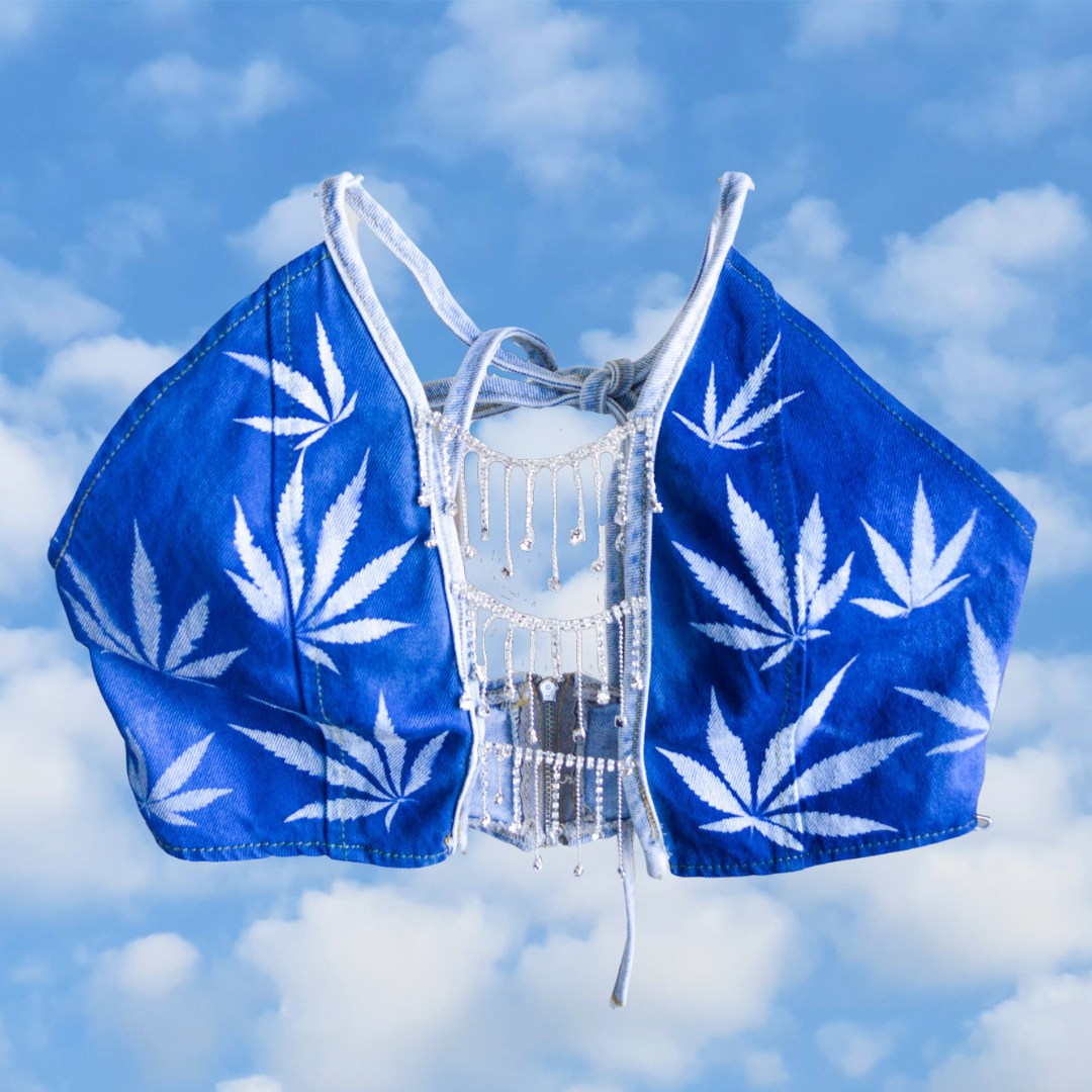 Women's Small Cannabis Design Denim Halter Top