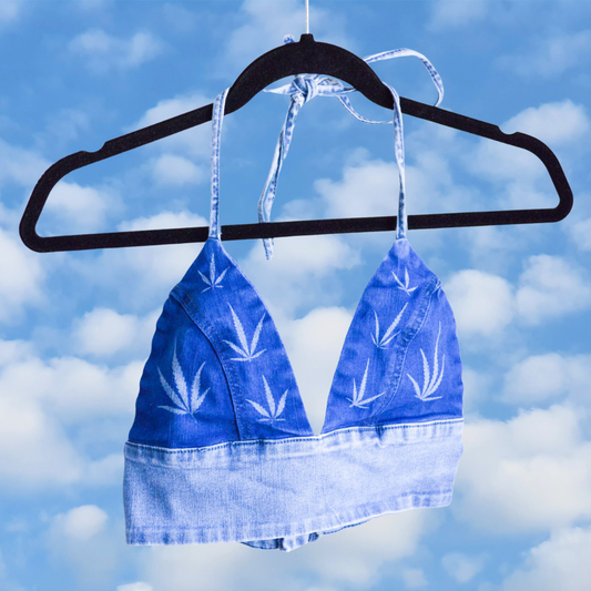 Women's Small Cannabis Design Denim Halter Top