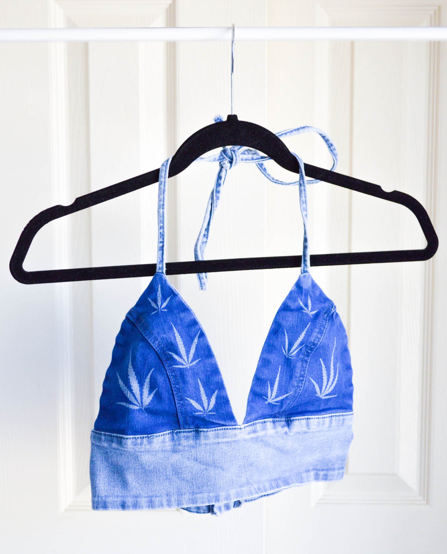 Women's Small Cannabis Design Denim Halter Top