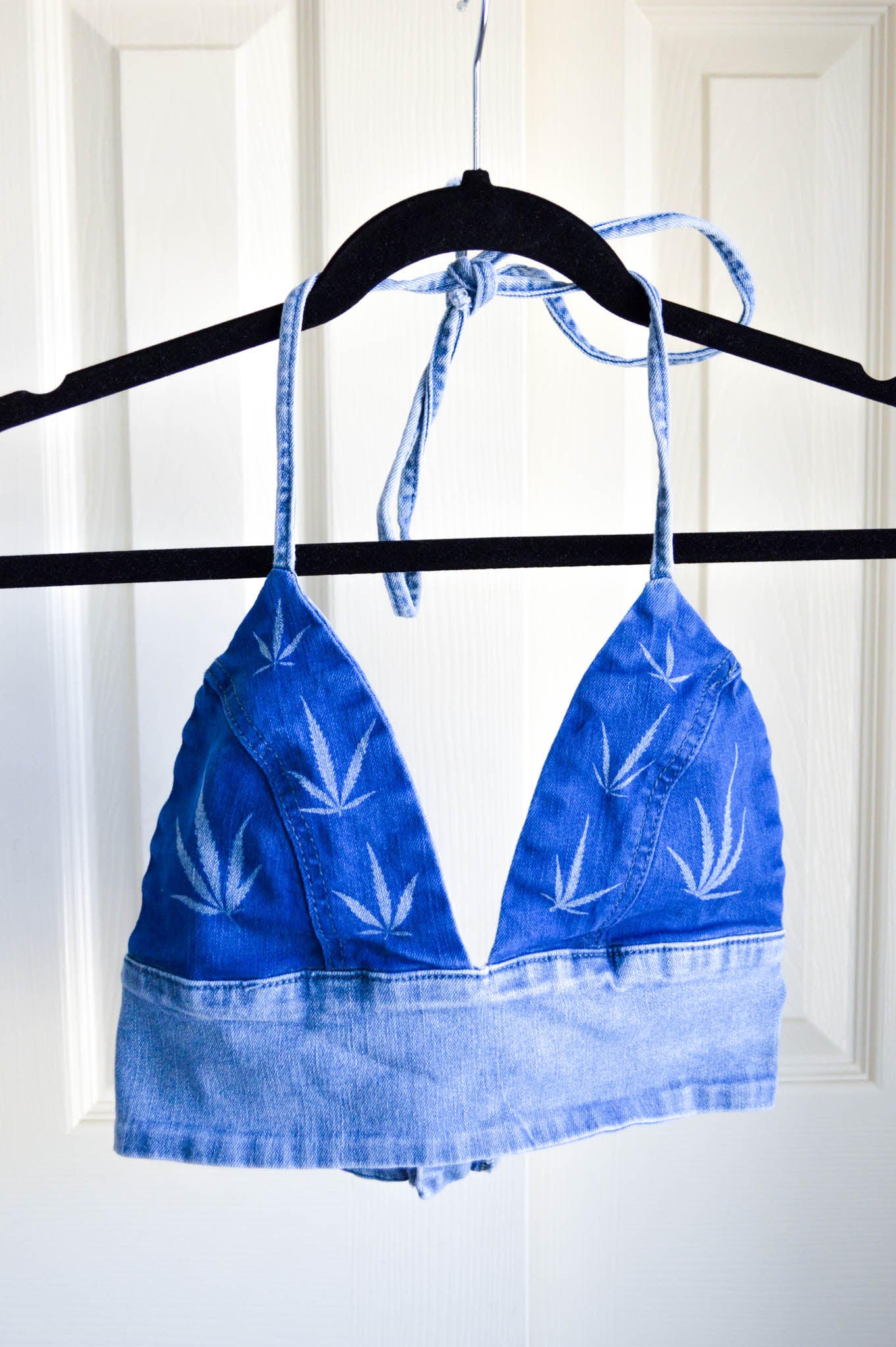 Women's Small Cannabis Design Denim Halter Top