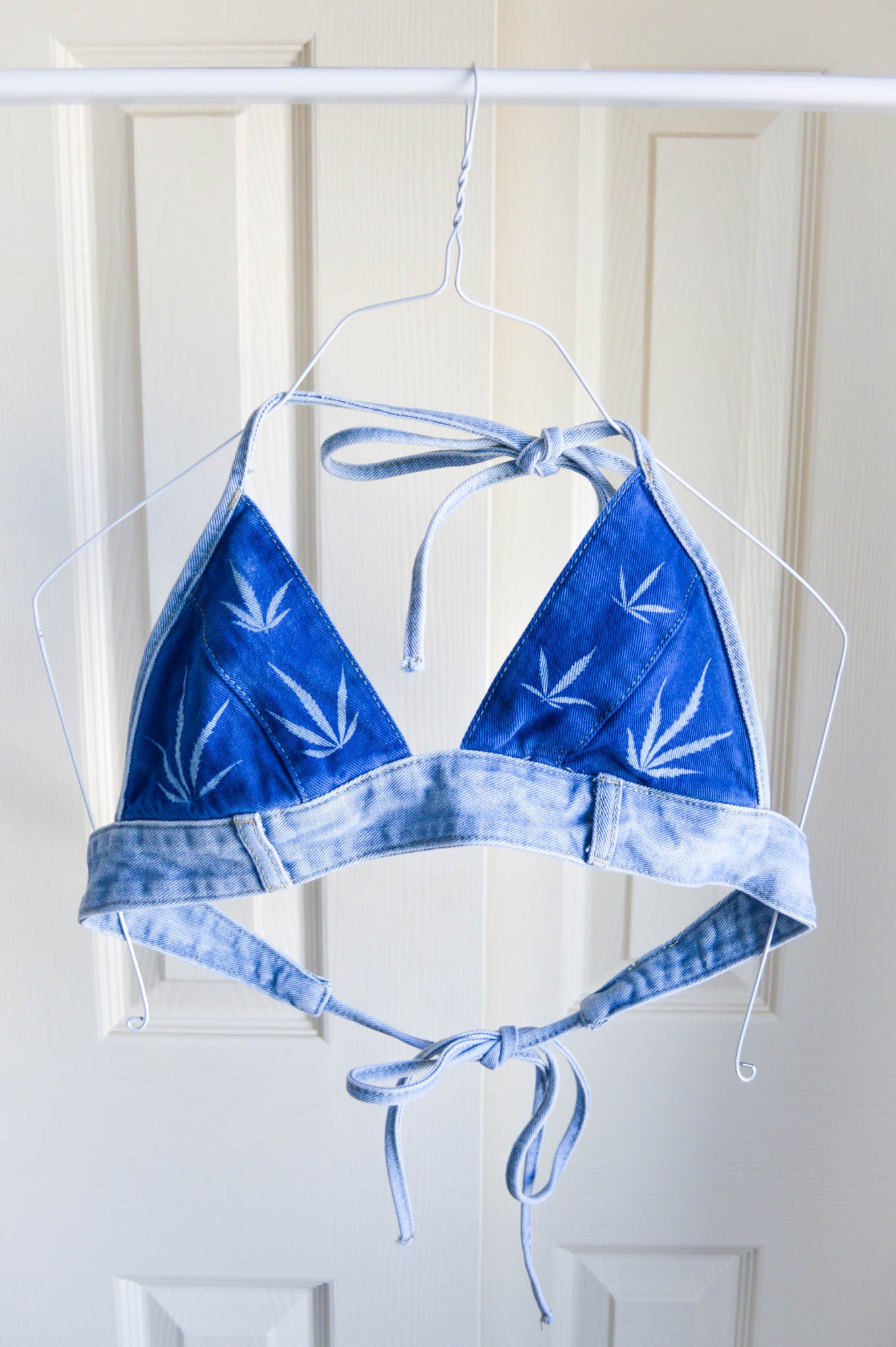 Women's Small Cannabis Design Denim Bikini Top