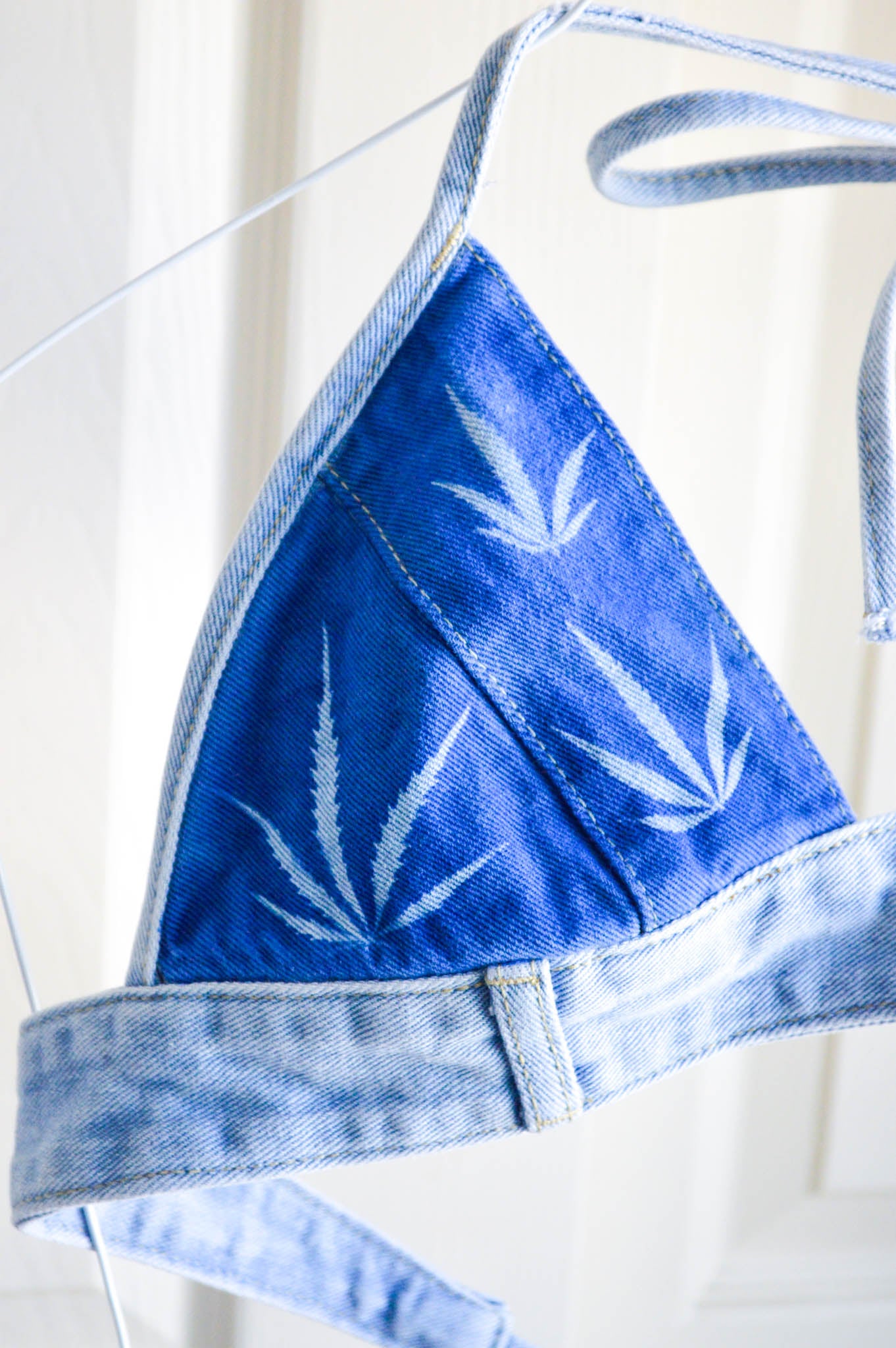 Women's Small Cannabis Design Denim Bikini Top