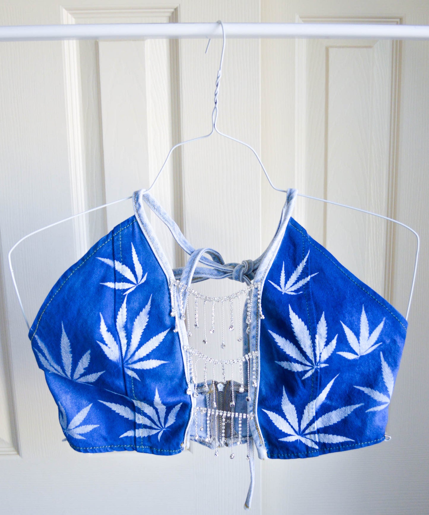 Women's Small Cannabis Design Denim Halter Top