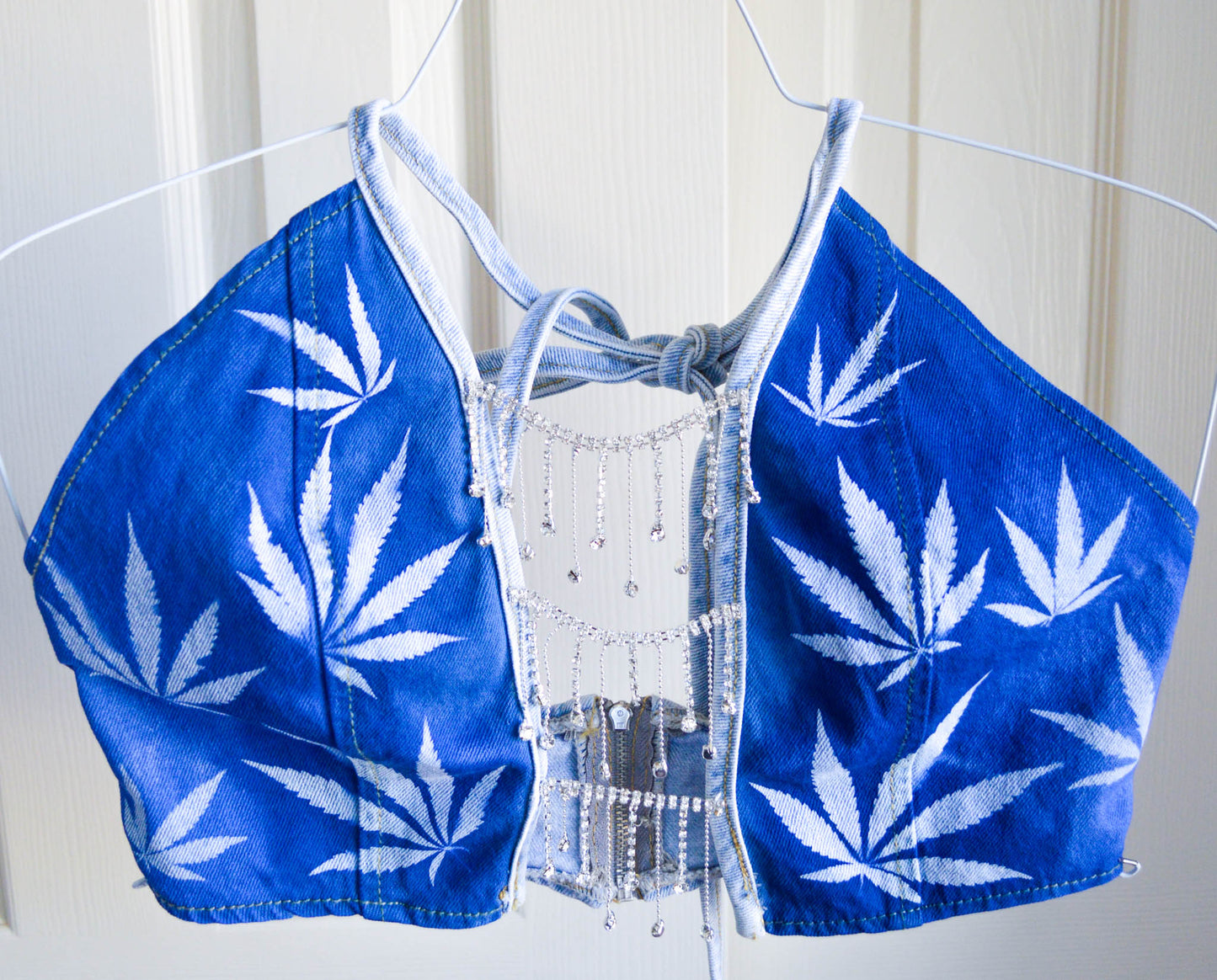 Women's Small Cannabis Design Denim Halter Top