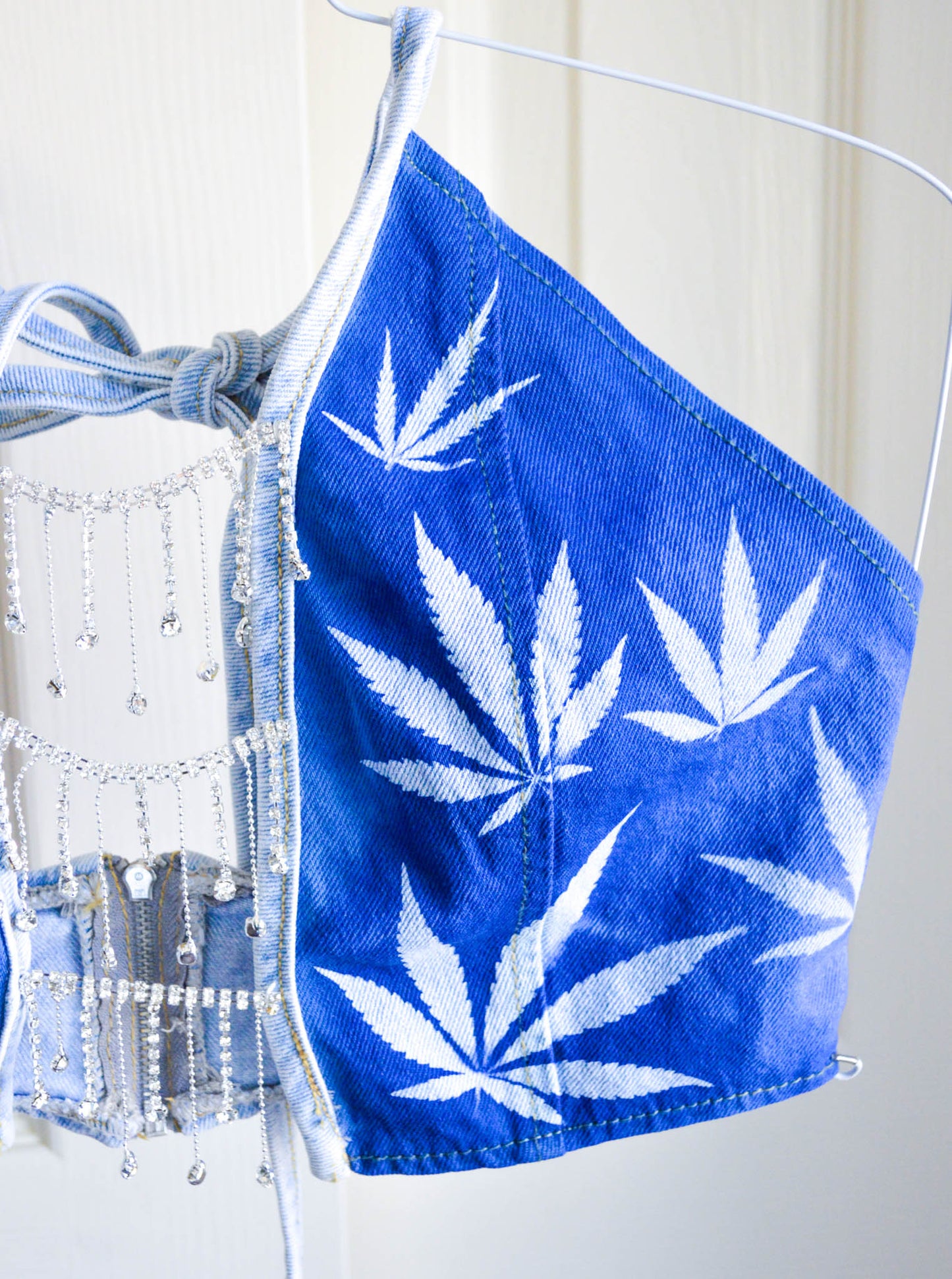Women's Small Cannabis Design Denim Halter Top