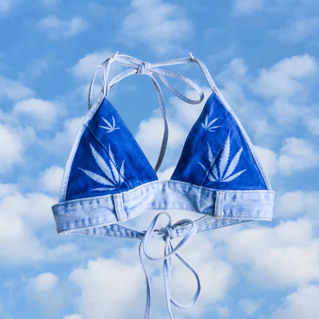 Women's X-Small Cannabis Design Denim Bikini Top