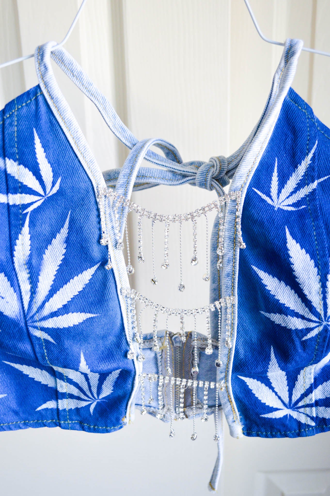 Women's Small Cannabis Design Denim Halter Top