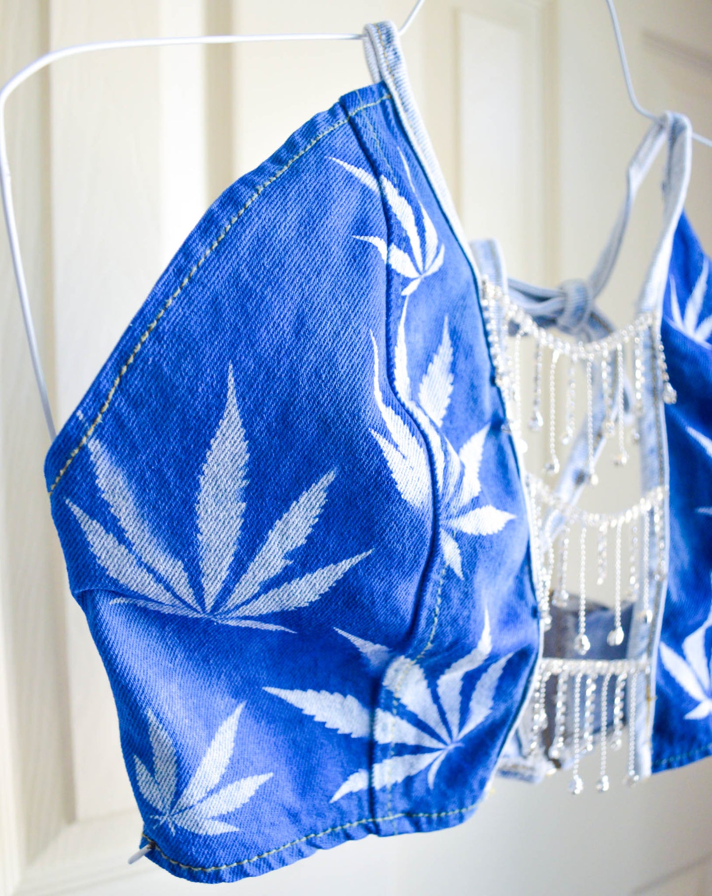 Women's Small Cannabis Design Denim Halter Top