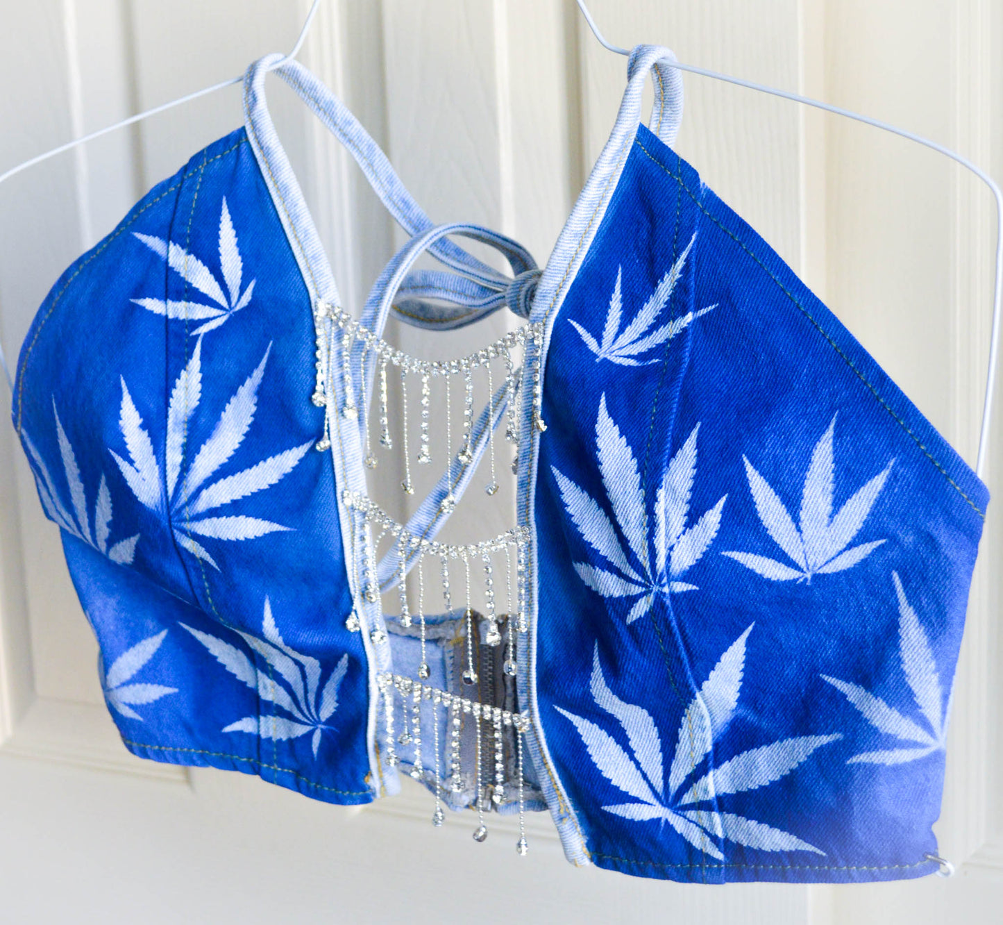 Women's Small Cannabis Design Denim Halter Top