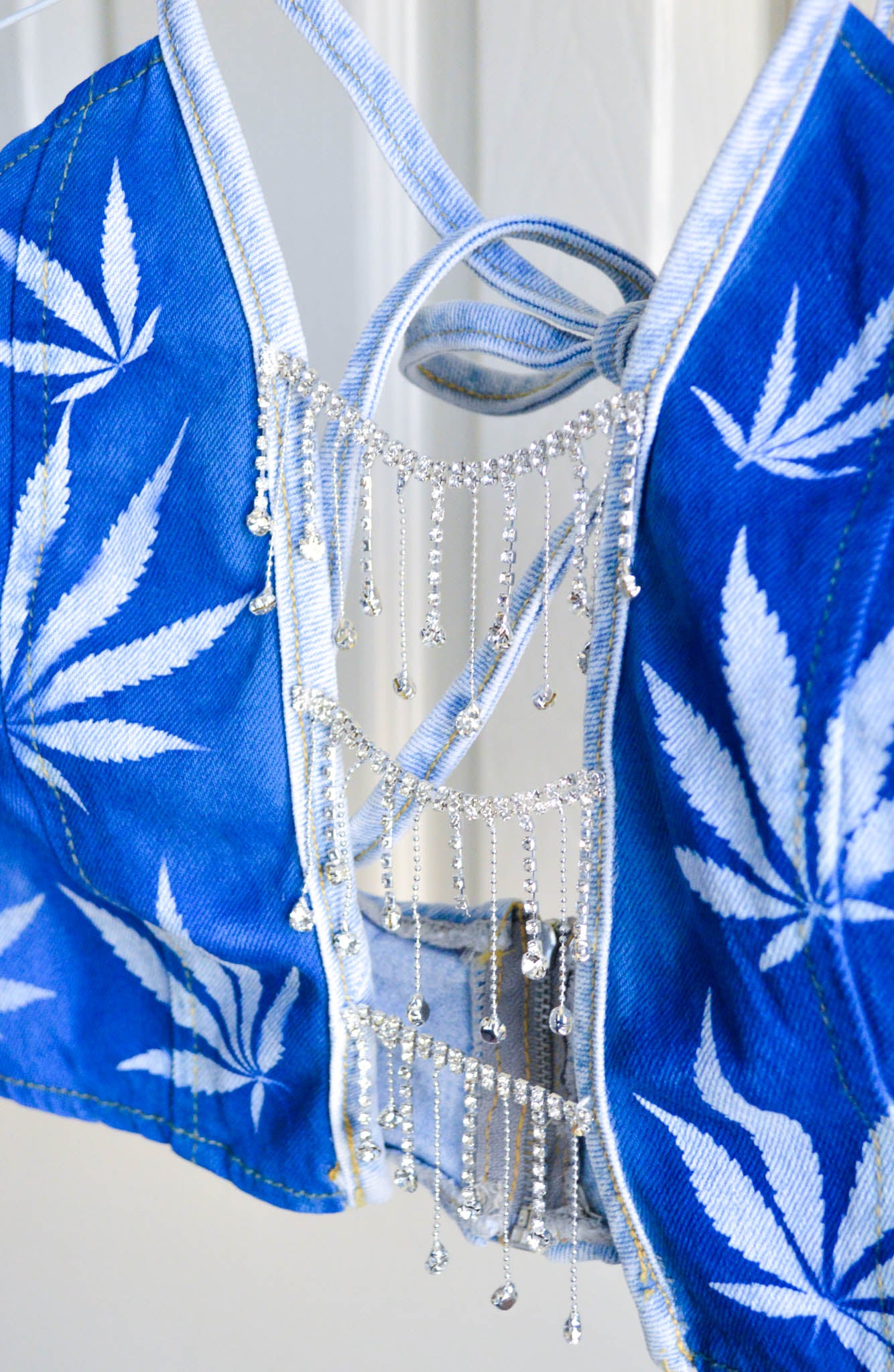 Women's Small Cannabis Design Denim Halter Top