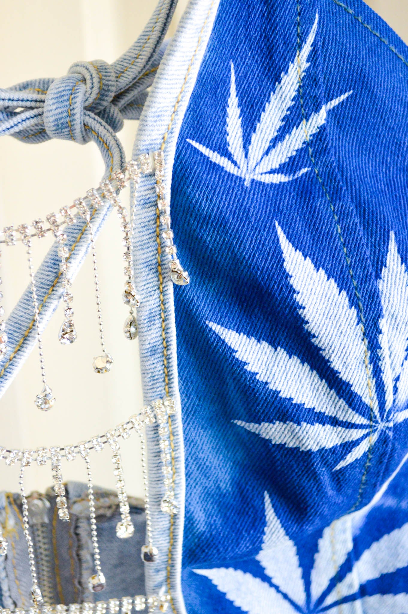 Women's Small Cannabis Design Denim Halter Top
